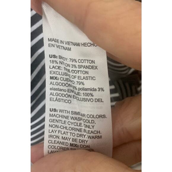 Chico's Poplin Stripe Crochet Puff Sleeve Button Front Shirt Top Blouse sz 10 US - Picture 9 of 10